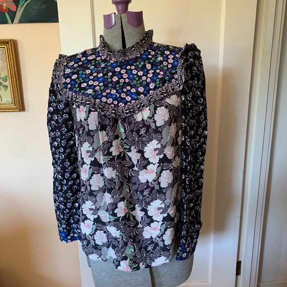 Rebecca Taylor Blouse SILK sz 6 Multicolor Floral Ruffles Mix Print Victorian - Picture 3 of 7